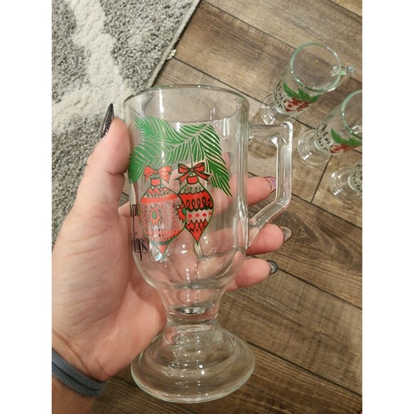 Vintage Indiana Glass Clear Christmas Holiday Greetings Pedestal Mugs Set Of 4 - Picture 3 of 4